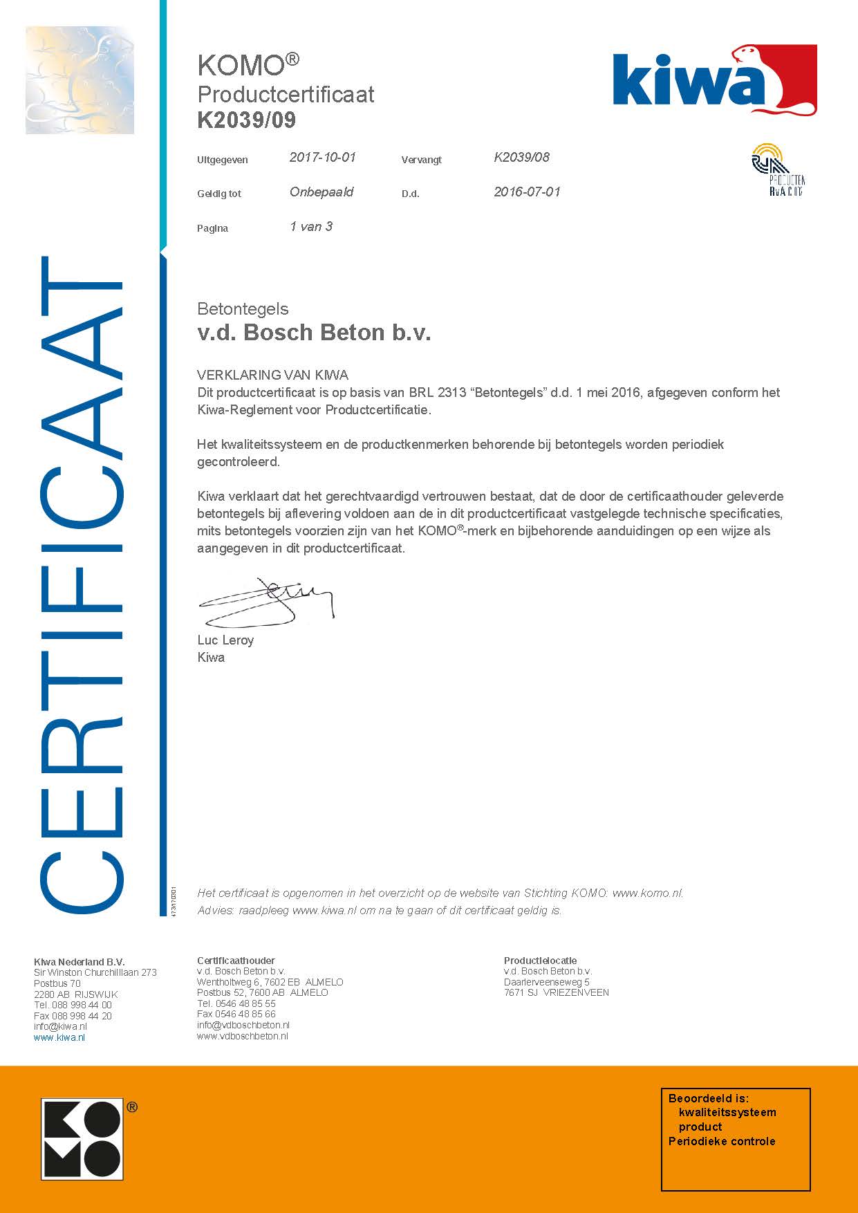 KOMO-certificaat betontegels (Vriezenveen)
